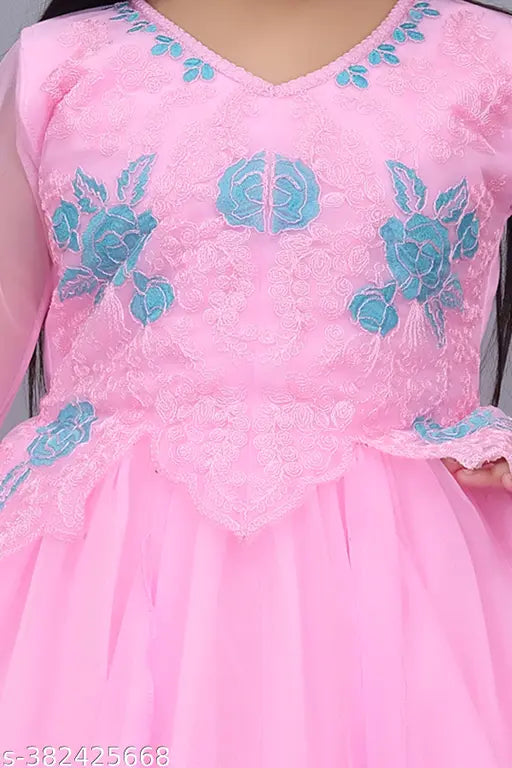 Embroidered net girls' festive dress (3/4 sleeves), Indian-made kids party gown with net fabric