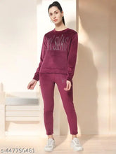 Women's winter wine color velvet track suit set: sleek & cozy nightwear with sweater & pyjama (N2 L-5XL), fancy design, India origin