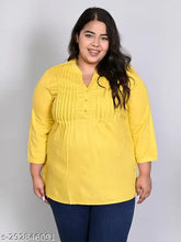 Yellow rayon longline top with Mandarin collar and pintuck detail, designed for plus-size women