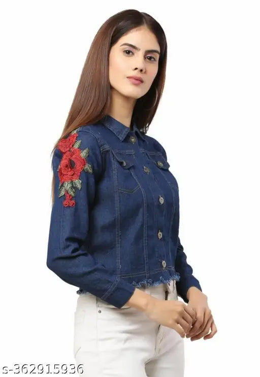 Dark rose denim long-sleeve embroidered net top, size S (bust 34in, length 24in), made in India