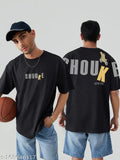 Black oversize cotton t-shirt, printed design, three-quarter sleeves - JUMP CUTS men's fashionable outfit accessory