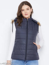 Navy sleeveless solid parka jacket, women's Vero Amore winter wear, polyester fabric, quilted with polyfill, detachable faux fur hood, 3 pockets, India origin