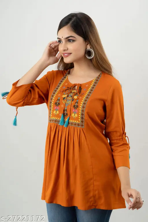 Rayon embroidered net three-quarter sleeve top for women - DPEA295 India