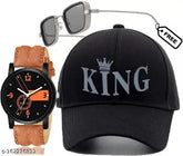Black cotton baseball cap, self-designed net pattern with UV protection sunglasses and analog watch combo for men and boys, Indian origin