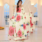Rich cream Georgette gown with dupatta, long sleeves, printed pattern on India-made women's formal wear