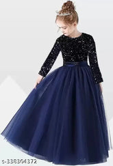 Embellished net long-sleeved gown for girls (9-10, 10-11, 11-12, 12-13, 13-14, 14-15 years), velvet and nylon fabric, party dress with zipper back, ready to wear in various sizes
