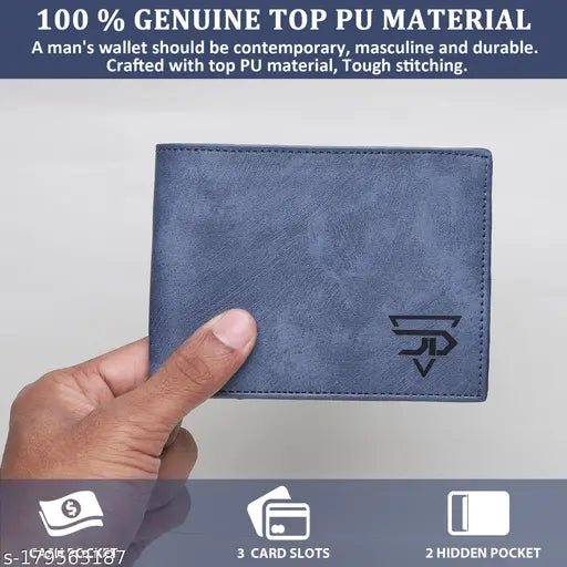 Sky blue canvas & leather CP wallet for men, featuring 2 compartments, matte finish exterior, and sleek stitching detail. Imported PU leather design by JnD