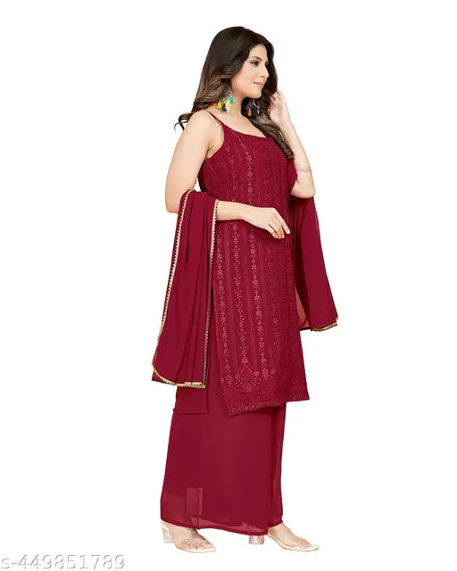 Maroon embroidered Georgette party dress set by Altecias Vogue Vision, trending fashion for evening events