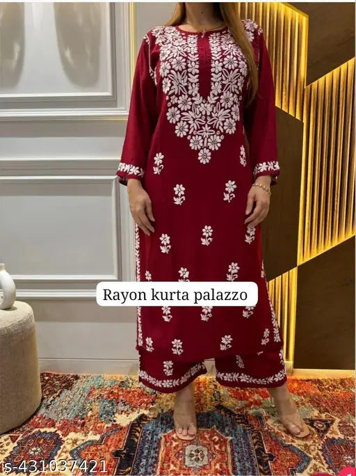 Maroon embroidered rayon kurta set with palazzos, traditional Indian clothing for women in various sizes