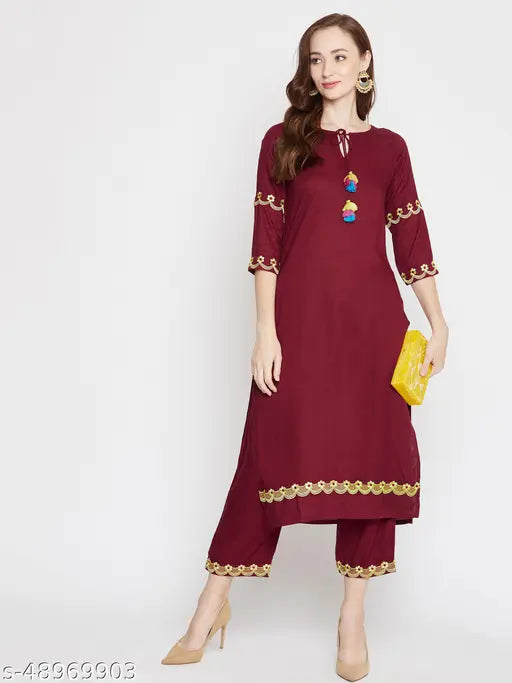 WineRed Embroidered Rayon Kurta and Palazzo Set - Indian women's ethnic fashion, three-quarter sleeves, single size available