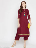 WineRed Embroidered Rayon Kurta and Palazzo Set - Indian women's ethnic fashion, three-quarter sleeves, single size available