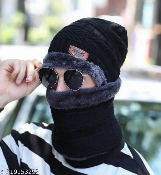 Striped wool balaclava for men, solid black style from India