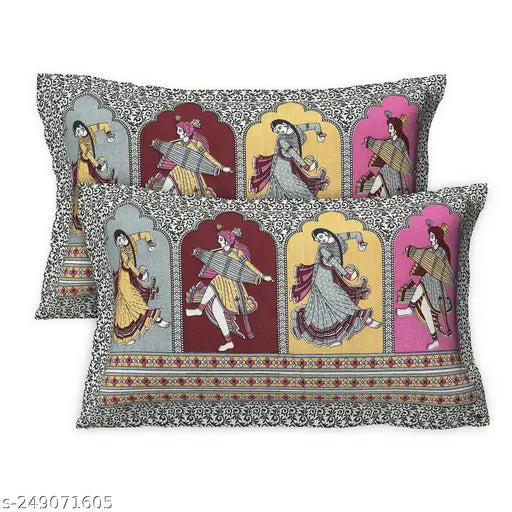 Brown cotton cultural dance design king size bedsheet with two pillow covers, ideal for summer, featuring a Jaipuri print on superfine fabric