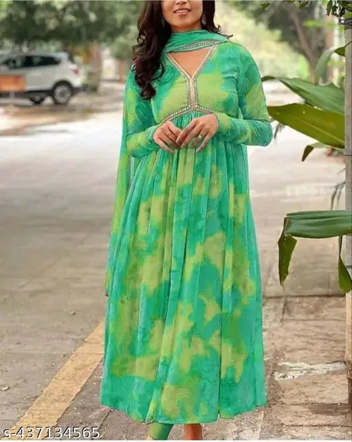 Festival special printed georgette gown with duppata set, three-quarter sleeves, vibrant Indian festival wear on mannequin