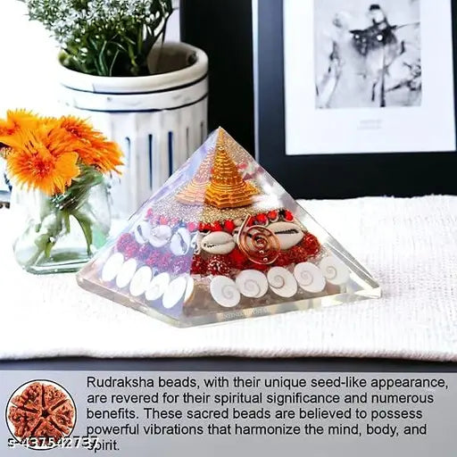Laxmi Pyramid - Resin Feng Shui showpiece with Rudraksha Shree Yantra, Gomati Chakra, White Kauri, Ratti seeds for Vastu wealth, prosperity, good luck, and spiritual growth