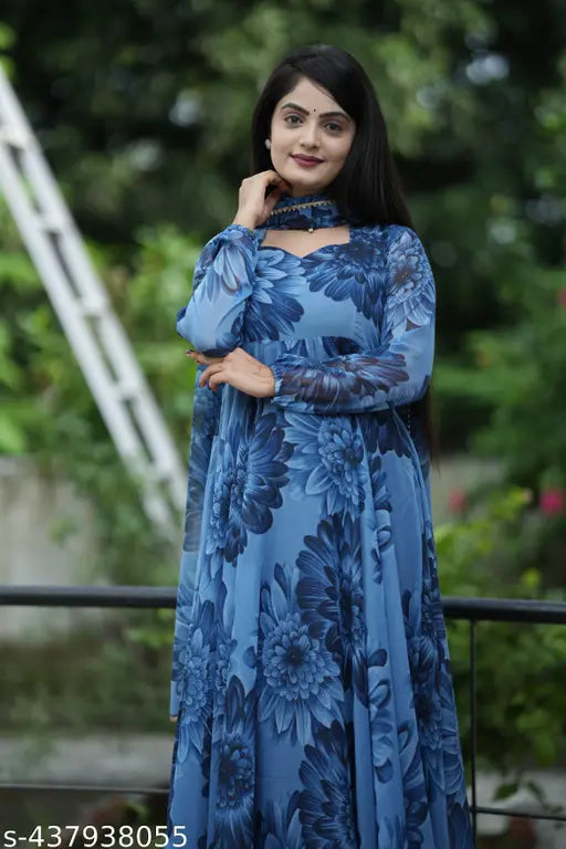 Stylish trendy printed Georgette gown for women, long-sleeved, digital print, new tradition, Indian origin