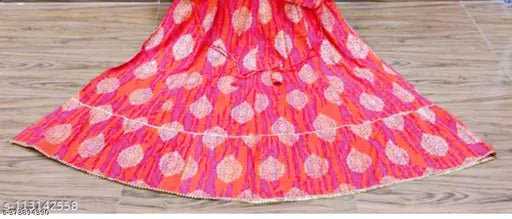 Rayon anarkali long kurta, printed combo, three-quarter sleeves. Traditional Indian gathering style from "AARUSIHI CREATION JPR". Comfortable and elegant for functions, festivals, parties, weddings, or everyday wear