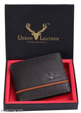 Brown genuine leather men's wallet with RFID blocking, features 5 compartments, bi-fold design, credit, debit & visiting card pockets, currency compartment, coin pocket. Slim for easy pocket fit, stitching details on exterior, urban style & elegance