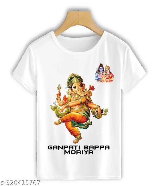 Striped polyester Ganpati T-shirt for Ganesh Festival, Indian festival wear, short sleeves, M-XXXL sizes available