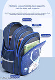 Lightweight blue schoolbag with astronaut sapphire design, ideal for primary school students. Polyester-net Oxford cloth construction, custom cartoon design. Perfect for daily use and travel