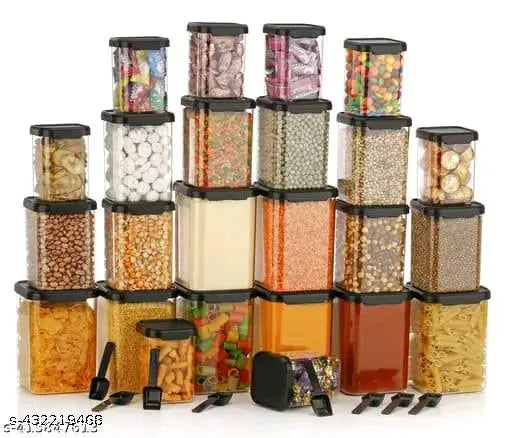 Black plastic modular food storage containers (350ml, 650ml, 900ml, 1400ml) for kitchen organization, airtight with included spoons