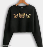 Black cotton blend fancy full sleeve crop top with butterfly print, long sleeves, size M