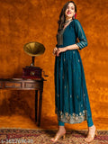 Teal Georgette embroidered naira cut Kurta, M (36in bust, 44in length), Indian traditional design with modern style
