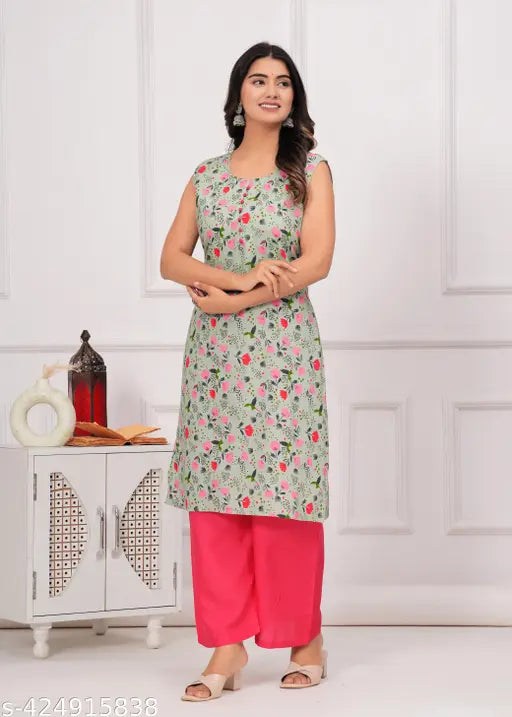 Rayon printed net trandy Kurti & Palazzo Set for women, sleeveless and stylish Indian fashion wear on display