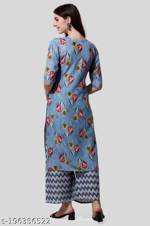 Beige floral print rayon kurta set with palazzos, V-neckline, three-quarter sleeves, front slit, and sequin accents - Indian Anarkali style casual wear