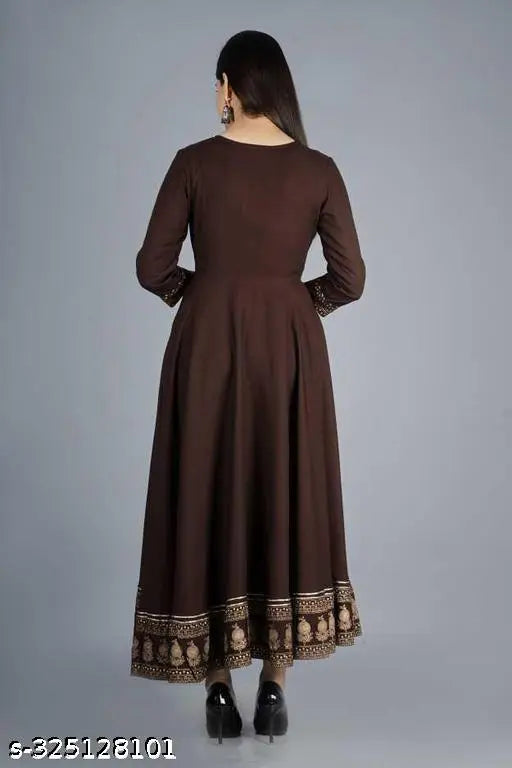 Rayon, three-quarter sleeve brown gown for women, solid net pattern - S (36"), M (38"), L (40"), XL (42"), XXL (44")