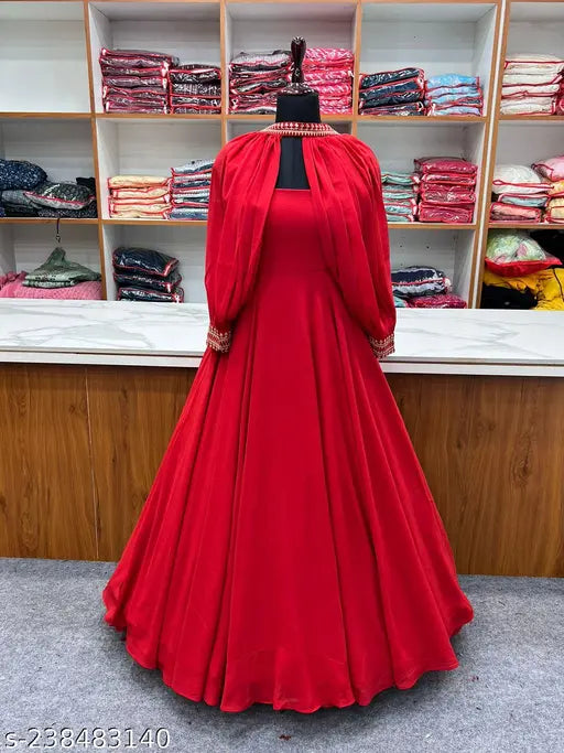 Red Georgette gown with fancy sleeves, traditional bridal outfit for Chhath Puja and Durga Puja celebrations, low price offer on women's ethnic wear