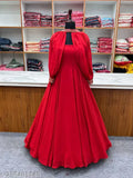 Red Georgette gown with fancy sleeves, traditional bridal outfit for Chhath Puja and Durga Puja celebrations, low price offer on women's ethnic wear