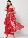 Red Rayon dupatta set, IkDaiya Women's Wear - sleeveless Kurta with unique solid pattern, suitable for weddings, festivals, and parties