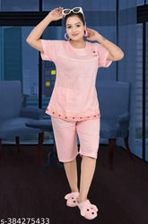 Imported cotton blend Capriset with net detail, versatile lounge wear from India