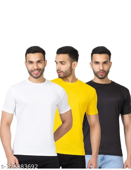 Polyester men's solid-colored short sleeve t-shirt combo pack: white, yellow, black from India