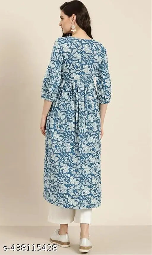 Printed rayon Anarkali kurti, three-quarter sleeves, vibrant Indian fashion