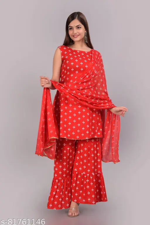 Printed rayon butterfly dupatta set with sharara bottomwear, sleeveless and vibrant pattern on display