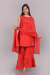 Printed rayon butterfly dupatta set with sharara bottomwear, sleeveless and vibrant pattern on display