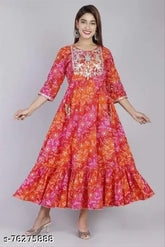 Rayon Anarkali Kurti with Bandhej Print for Women, M (Bust 38in, Length 52in), stylish long flair kurta from India