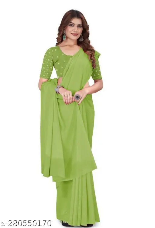 Shimmer Georgette saree, single free size Indian solid-patterned saree with embellished net blouse piece