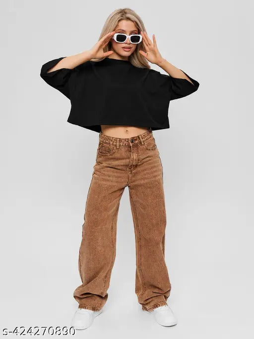 Black cotton crop T-shirt, loose fit, short sleeves, round neck, designed for women and girls