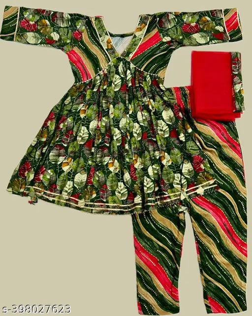 Green rayon anarkali kurti paint set with harem pants and dupatta for kids parties, celebrations, and festivals like Eid, Diwali, Navratri, Pooja, Christmas, Onam, Ganesha, Lohri, Makar Sakranti, Baisakhi, Raksha Bandhan, Dussehra