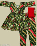 Green rayon anarkali kurti paint set with harem pants and dupatta for kids parties, celebrations, and festivals like Eid, Diwali, Navratri, Pooja, Christmas, Onam, Ganesha, Lohri, Makar Sakranti, Baisakhi, Raksha Bandhan, Dussehra