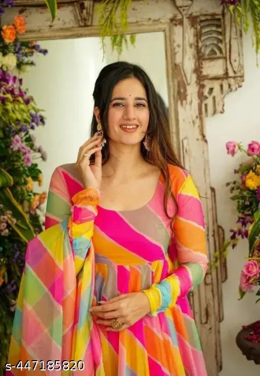 Colorblocked Georgette maxi dress, elegant style with long sleeves. Multicolor Indian gown with matching dupatta, available in sizes S-XXL