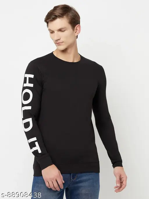 Solid black cotton blend full sleeve t-shirt for men, comfortable and trendy with round neck and long sleeves, originates from India
