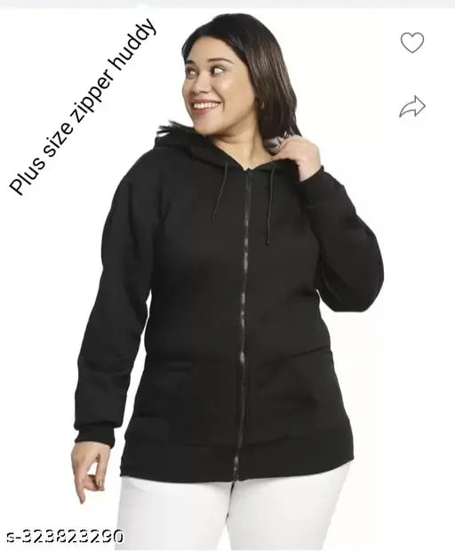Stylish fleece XXL zip-up hoodie for women, solid color, long sleeves