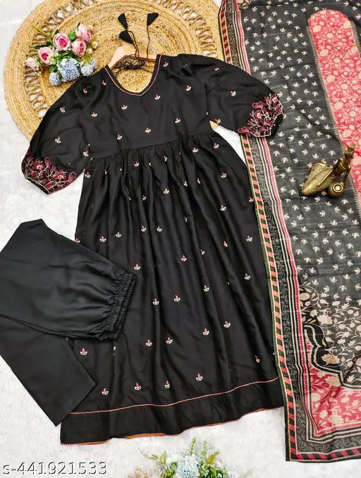 Cotton embroidered Anarkali gown with dupatta and plazoo set, ideal for functions and gatherings