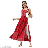 Red and gold printed Anarkali long dress kurti in high-quality rayon fabric, sleeveless, perfect for festivals