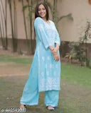 Rayon embroidered Chikankari kurta set with palazzos, deep color, floral pattern - women's Indian fashion
