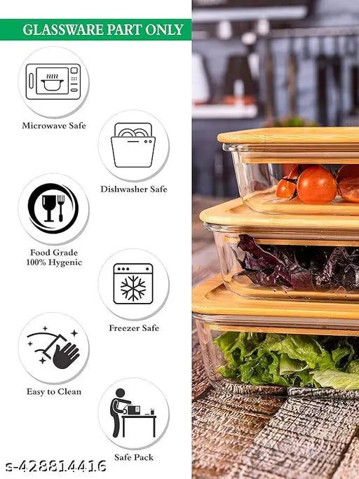 Eco-friendly glass food storage set, premium leakproof containers with air-tight wooden lids (280ml, 460ml, 750ml)